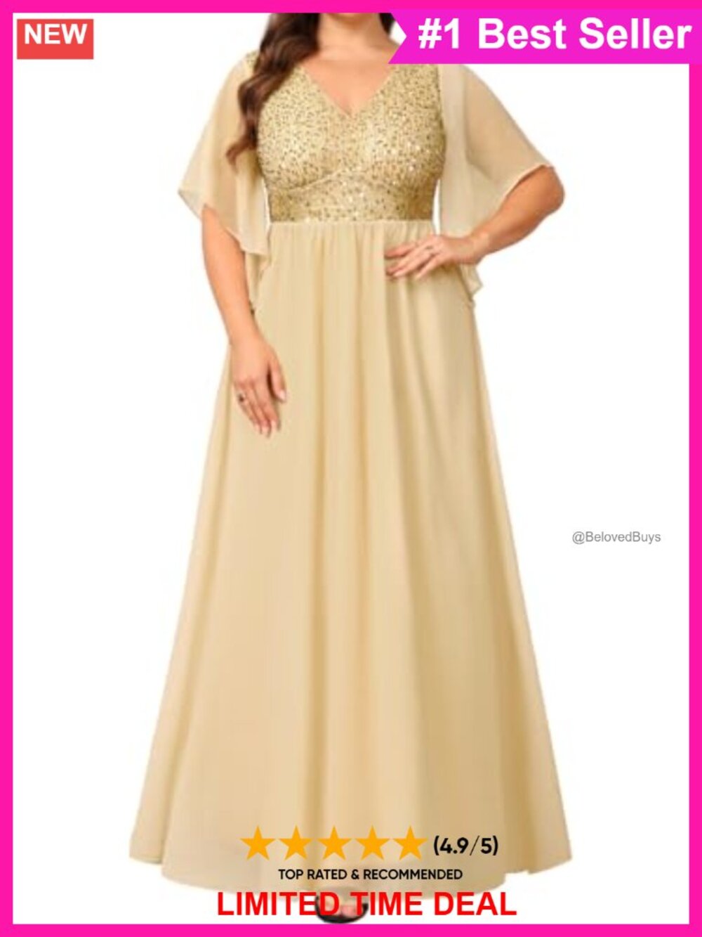 Plus Size Sequin Lace Formal Evening Gown Cape Sleeve Prom Dress